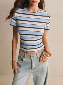 Poéselle Blue & White Striped Casual T-Shirt - Blue and White - View 4