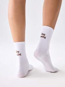 Loungeista 3 đôi tất cotton dài đến bắp chân thêu chữ "Keep Smiling" dành cho nữ, thời trang và đa năng. - Nhiều màu - Xem 3