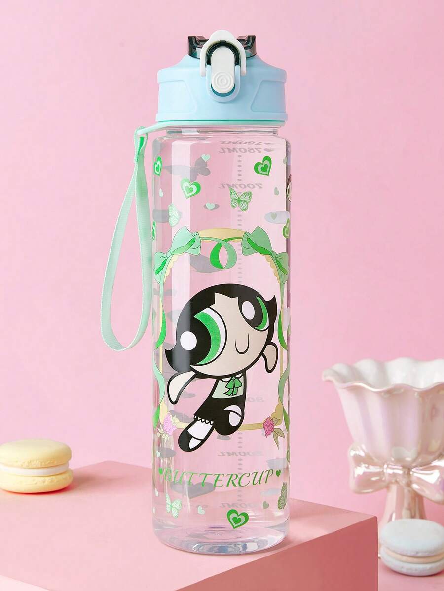 THE POWERPUFF GIRLS X SHEIN Bình nước 750 ml (25oz) có ống hút silicon và nắp chống tràn, thích hợp cho du lịch, tham quan và học tập. Chất liệu nhựa. - màu xanh lá - Xem 1