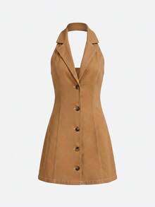 lacRébo Brown Denim Ditsy Floral V-Neck Sleeveless Dress, Slim Fit, Vintage Elegant French Style Cotton Dress For Spring And Summer - Orange - View 6