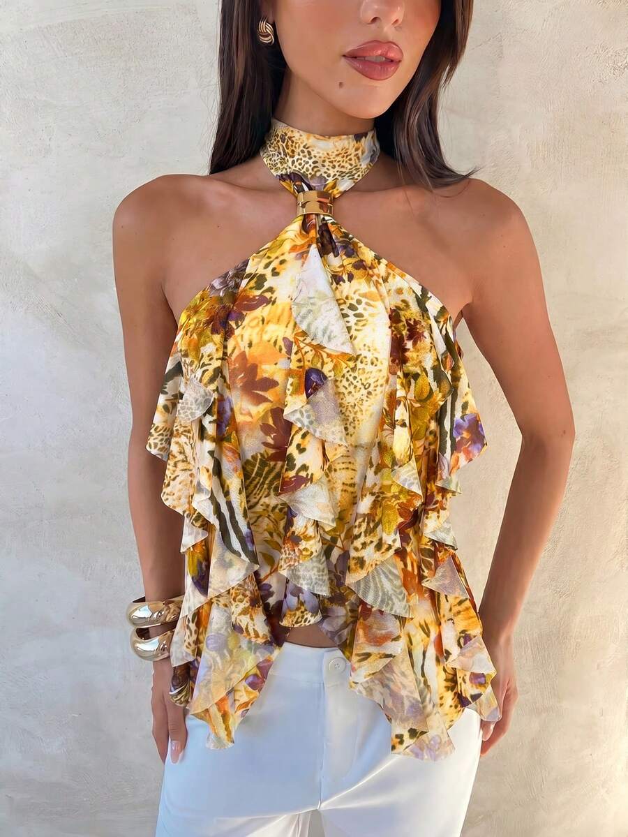 Aloruh Women's Elegant Sexy Multi-Layer Ruffle Trim Stand Collar Fitted Tank Top Summer Outfits Clothes Beach Club Night Out Party Vacation Boho Brown Yellow - Multicolor - View 1