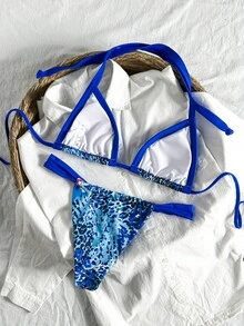 Swim Mod Conjunto de bikini de 2 piezas para mujer de verano con estampado aleatorio, halter, espalda descubierta y tanga - Multicolor - Ver 3