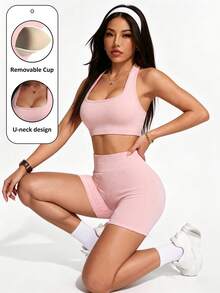 SHEIN Bộ 2 món đồ thể thao cơ bản, thấm hút mồ hôi, không đường may, thiết kế nâng đỡ, màu hồng nhạt, thích hợp cho tập thể dục/yoga. - Nhiều màu - Xem 1