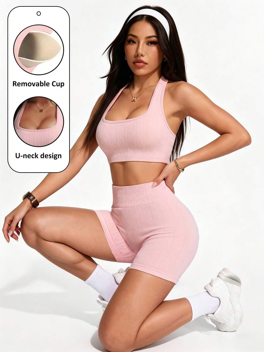 SHEIN Bộ 2 món đồ thể thao cơ bản, thấm hút mồ hôi, không đường may, thiết kế nâng đỡ, màu hồng nhạt, thích hợp cho tập thể dục/yoga. - Nhiều màu - Xem 1