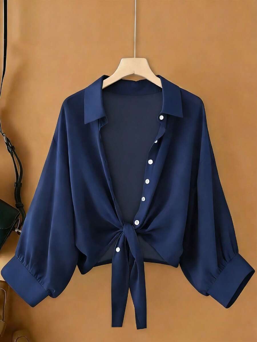 Resyla New Bat Wing Short Casual Chiffon Shawl Solid Color Women Blouse - Navy Blue - View 1
