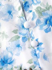 SHEIN MOD 立领蝴蝶结无袖收腰浪漫碎花长裙 - 藍色 - 查看 6