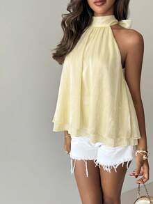 Aloruh Women's Casual Vacation Minimalist Solid Color Knotted Halter Top,Summer Top - Light Yellow - View 7