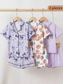 Young Girl' Cute Donut Print Collar Cardigan Short Sleeve Shorts Set, Flame Retardant Loungewear - Apricot - View 1