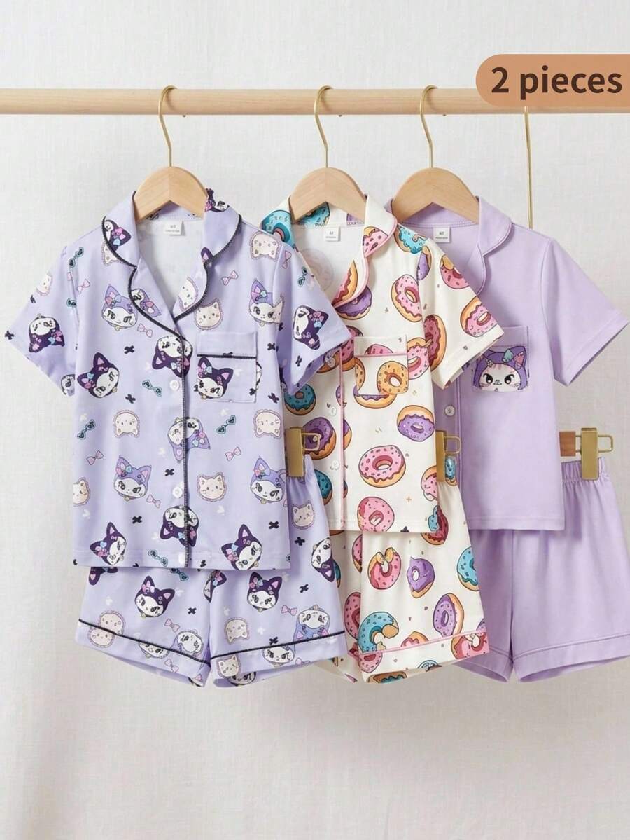 Young Girl' Cute Donut Print Collar Cardigan Short Sleeve Shorts Set, Flame Retardant Loungewear - Apricot - View 1