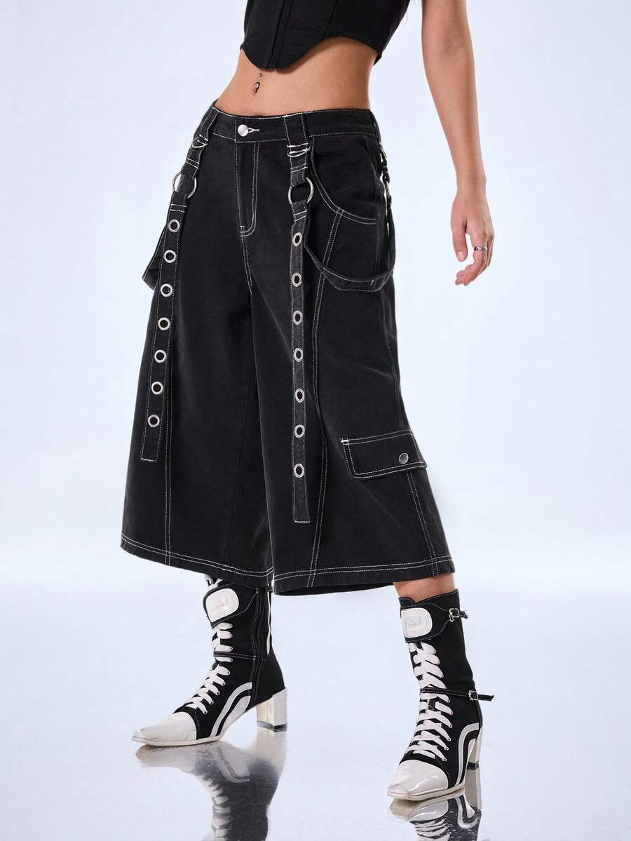 Y2Kool BiGraphic Quần jeans nữ dáng rộng ống lửng 7/8, cạp chun. - màu đen - Xem 1