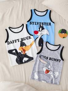 LOONEY TUNES X SHEIN Young Boy Round Neck Color Block Letter & Cartoon Print Casual Versatile Daily Wear Tank Top - Blue and White - View 1