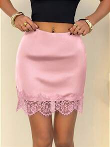 Muchica Women's Black Satin Contrast Lace Trim Mini Dress - Pink - View 3