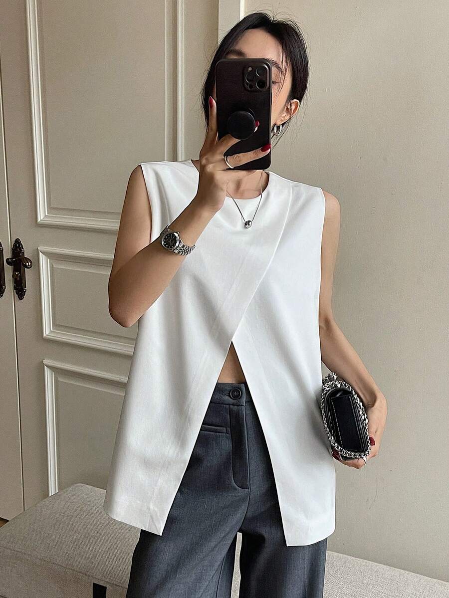 DAZY Women's Solid Color Crew Neck Slit Hem Casual Business Tank Top - White - View 1