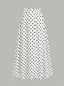 SHEIN Girlism 青少年女孩休閒日常百搭舒適修身波點緞面長裙 - 白色 - 查看 4