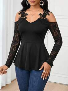 SHEIN Lady Áo thun trễ vai phối ren thanh lịch dành cho nữ - màu đen - Xem 4