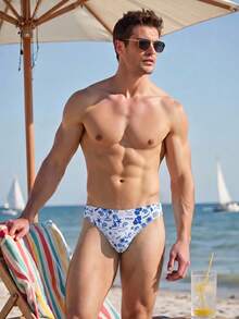 Manfinity Swimmode 男士棕櫚樹印花泳褲 海灘度假短褲 熱帶風 白色夏季度假情侶款男士泳裝 - 藍色 - 查看 4