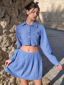 CasuGlow Pastal Linen Two Pieces Set – Button-Up Shirt And Pleated Mini Skirt Golf Summer Sexy - Blue - View 4