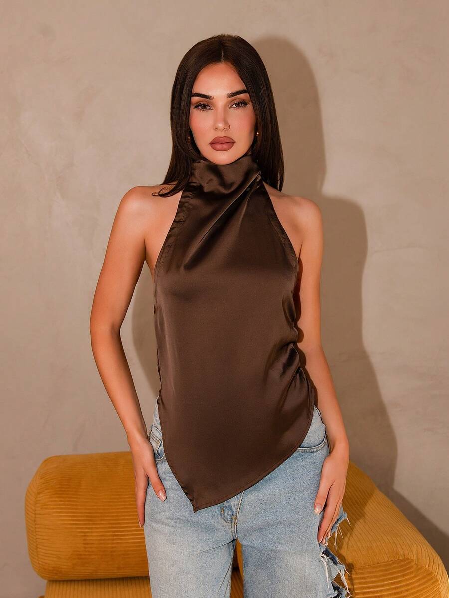Bris Aura Women's Sexy Backless Halter Neck Blouse, Elegant For Party, Commute And Vacation, Summer - Brown - View 1