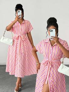 Maweii Plus Size Women Summer Bowknot Decor Pink & White Striped Dress - Hot Pink - View 1