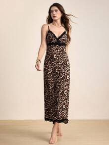 Hourtrue Women Nightgowns & Sleepshirts Kontras Lace Contrast Binding Leopard Anggun - MultiWarna - View 3