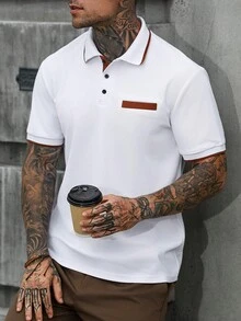 Manfinity Homme 男士白色與棕色對比色短袖 Polo 衫，夏季休閒高爾夫上衣，羅紋領口與假口袋設計，老錢風設計師款，正式 - 白色 - 查看 7
