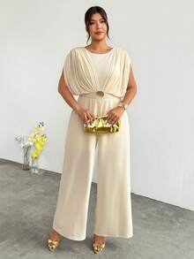 Firerie Bộ jumpsuit nữ cỡ lớn thoải mái, giản dị, thanh lịch, thích hợp cho kỳ nghỉ, tiệc tùng, đi biển, chất liệu lưới xếp ly, co giãn, khóa kim loại, thích hợp cho mùa xuân/hè. - Màu be - Xem 3