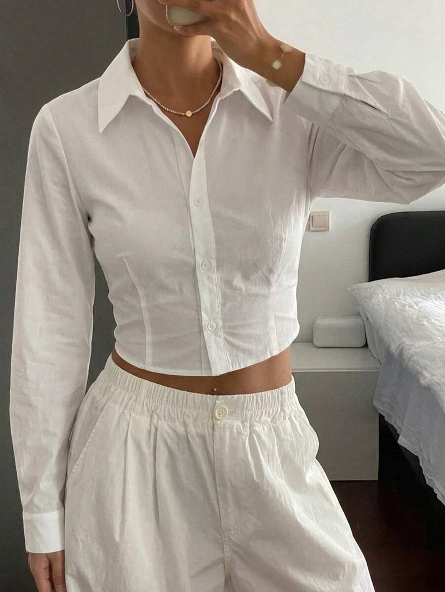 DAZY Solid Color Turndown Collar Long Sleeve Drawstring Hem Women Shirt Teachers' Day Office White Autumn Basic Smart Casual - White - View 1