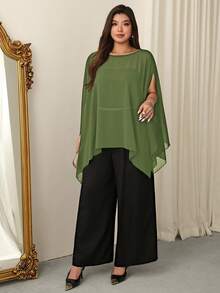 Firerie Plus Size Women's Solid Color Round Neck Cape Sleeve Elegant Blouse Fall - Green - View 7