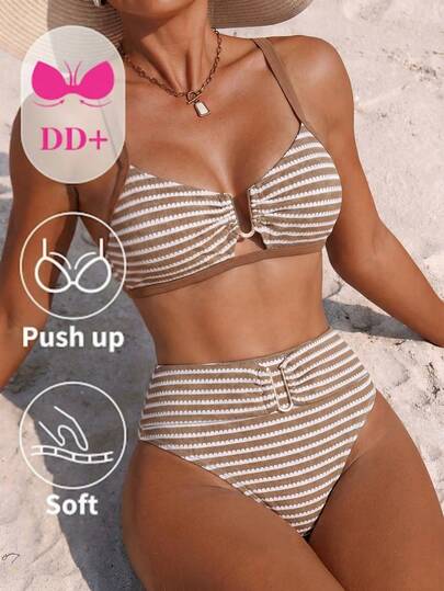 Swim DD+ Retro Vacation Style Women's Bikini 2-Piece Set, Brown & White Striped Woven Texture, Metal U-Shape Adjustable Strap, Lift Bust, High Waist Wide Waistband, Triangle Bottoms, Vintage Vacation Style, Spring Easter Beach Coastal Resort Chic