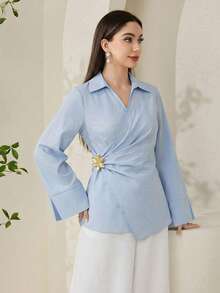 Solavon Women's Solid Color Metal Decor Pleated Casual Versatile Daily Wear Blouse - Blue - View 6