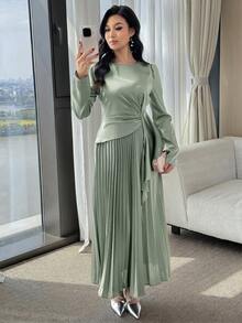 Modelyn Women's Solid Color Round Neck Pleated Hem Elegant Dress,Dresses For Women Summer - Green - View 6