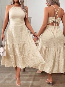 SHEIN Clasi Plus Size Women Solid Color Backless Halter Dress For Vacation - Apricot - View 1