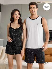 CoupledUp 男士罗纹爱心刺绣背心和短裤睡衣套装，休闲款 - 白色 - 查看 4