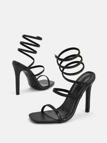 Glitzique Sandalias de tacón fino con rhinestones negros encantadoras para damas, diseño de cordón en la pierna con decoración de rhinestones y punta cuadrada, sandalias de tacón alto fino para primavera y verano - Negro - Ver 11