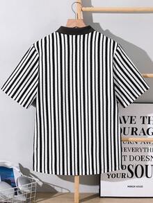 SHEIN 青少年男孩條紋鉤編休閒襯衫，短袖領口襯衫，適合夏季、Y2K、畢業、返校、舒適海灘度假日常穿著 - 彩色 - 查看 3