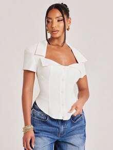 NYA SZN Top Short Sleeve Button Up Front Collared Vintage Retro Look Brunch Casual Everyday Bridal Shower Outfits For Women - White - View 4