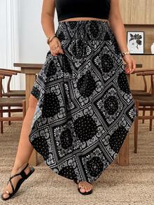 SHEIN CURVE+ Plus Size Women's Solid Color Curved Hem Tie-Front Summer Vacation Print Skirt - Black - View 6