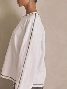 MUSERA Washed Oversized Long Sleeve Top Summer, Sporty, Casual, Day, Streetstyle, Streetwear Spring - White - View 5
