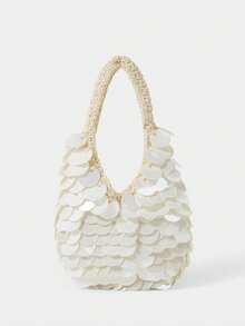 SHECARRY Women's Fashionable Beige Sequined Handbag, Exquisite And Gorgeous Lightweight, Handmade Hook Line Design, Suitable For Daily, Commuting, Dating, Summer, Party, Vacation, Beach, Seaside Matching - White - View 2