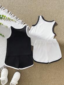 SHEIN 2件組男嬰幼童夏季休閒套裝 黑白馬匹圖案印花無袖背心與短褲 兩件式海灘穿搭 - 黑與白 - 查看 2