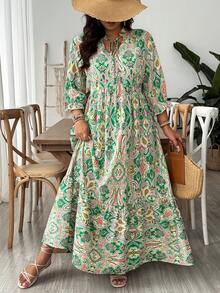 SHEIN VCAY Plus Size Green Retro Print Dress, Suitable For Summer Beach Vacation - Green - View 4