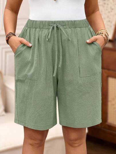 Rosumi Plus Size Women's Solid Color Tie-Waist Casual Shorts With Pockets