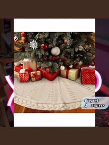 [1 Pack] Knitted Tree Skirt, Cream White Creates Festive Atmosphere, Thickened Non-Slip Base Decoration, Party Decoration - White - View 1