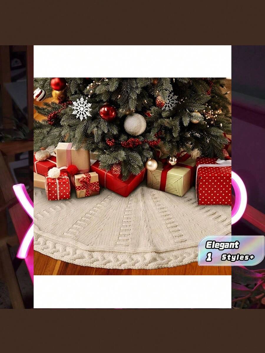 [1 Pack] Knitted Tree Skirt, Cream White Creates Festive Atmosphere, Thickened Non-Slip Base Decoration, Party Decoration - White - View 1