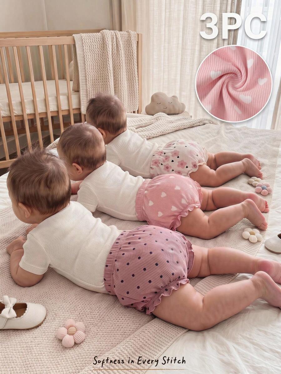 Cozy Pixies 3件套女婴夏季短裤,三角短裤,爱心、波点、碎花印花,白色、粉色,荷叶边下摆,松紧腰,可爱,乡村、北欧、森林风、度假风,休闲,适合宝宝,春夏,居家、室内、室外、春季郊游、度假 - 彩色 - 查看 1