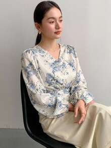 DAZY 女士雪纺印花长袖V领衬衫，长袖上衣，秋季女装度假装扮，复活节波西米亚风 - 藍色 - 查看 9