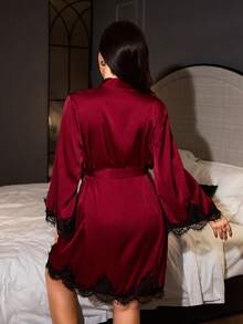 SilkySpell Elegant Burgundy Satin Lace Asymmetrical Ruffle Hem Robe, Luxurious Loungewear Night Wedding Autumn - Burgundy - View 2