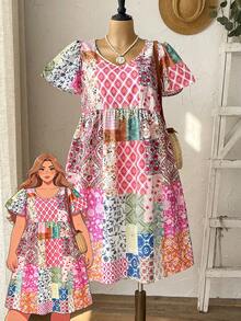 Rusticease Plus Size Women Round Neck Short Sleeve Ruffle Ditsy Floral Dress Summer Outfit For Festival Outfits Beach Vacation Holiday Country Concert Pink - Multicolor - View 1