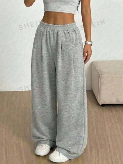 SHEIN 少女休闲舒适中腰加厚纯色裤