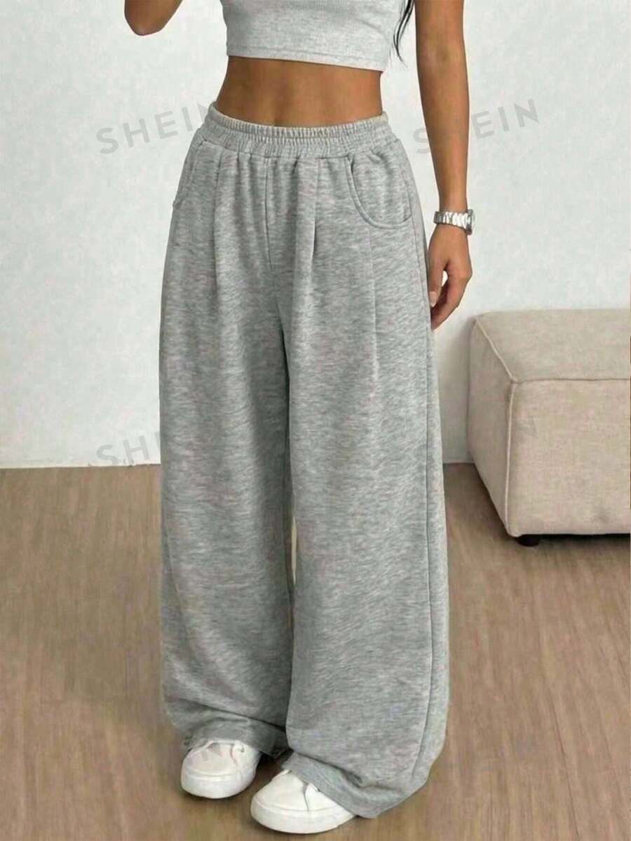 SHEIN 少女休闲舒适中腰加厚纯色裤 - 灰色 - 查看 1